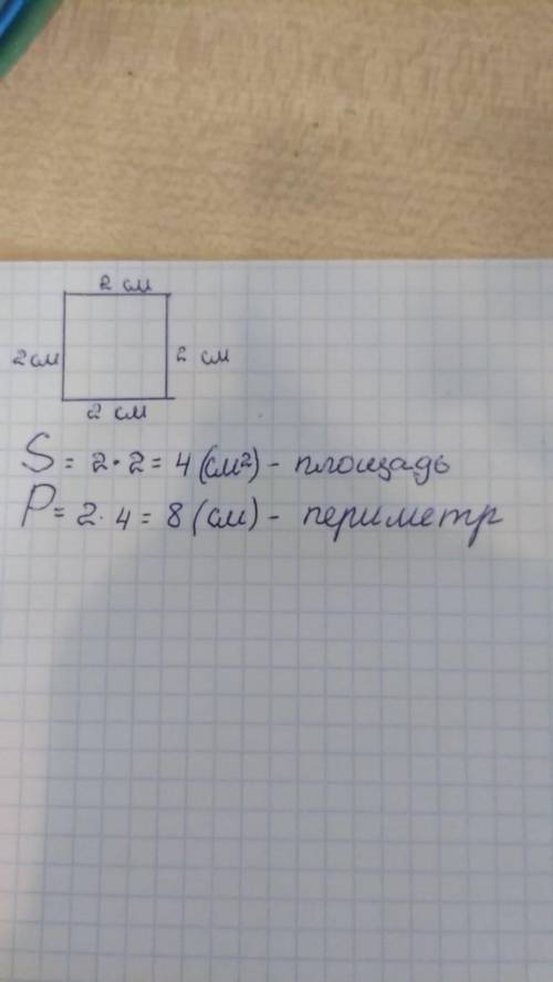 31. Начерти квадрат, длина стороны которого 2 см. Найди его перихплощадьРешение​