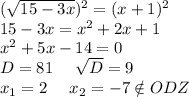 (\sqrt{15-3x})^2=(x+1)^2\\15-3x=x^2+2x+1\\x^2+5x-14=0\\D=81\ \ \ \ \sqrt{D}=9\\ x_1=2\ \ \ \ x_2=-7\notin ODZ