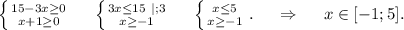 \left \{ {{15-3x\geq 0} \atop {x+1\geq 0}} \right.\ \ \ \ \left \{ {{3x\leq 15\ |;3} \atop {x\geq -1}} \right. \ \ \ \ \left \{ {{x\leq 5} \atop {x\geq -1}} \right..\ \ \ \ \Rightarrow\ \ \ \ x\in[-1;5].