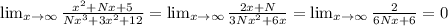 \lim_{x \to \infty} \frac{x^2+Nx+5}{Nx^3+3x^2+12} = \lim_{x \to \infty} \frac{2x+N}{3Nx^2+6x} = \lim_{x \to \infty} \frac{2}{6Nx+6} =0