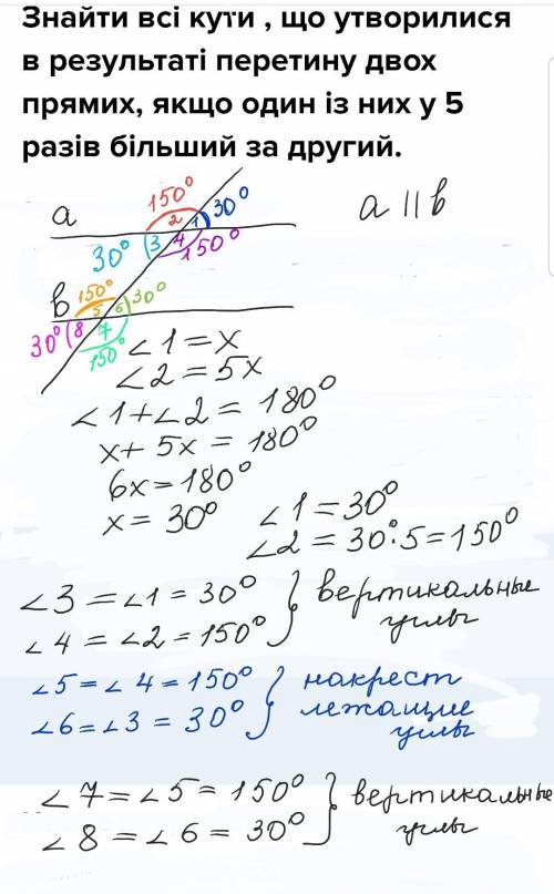 Знайти всі кути , що утворилися в результаті перетину двох прямих, якщо один із них у 5 разів більши