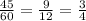 \frac{45}{60} = \frac{9}{12} = \frac{3}{4}