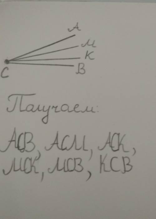 Если внутри острого угла С провести ещё два луча, выходящих из точки С, сколько острых углов получит