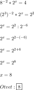 8^{-2}*2^{x} =4\\\\(2^{3})^{-2}*2^{x}=2^{2}\\\\2^{x}=2^{2}:2^{-6}\\\\2^{x} =2^{2-(-6)}\\\\2^{x}=2^{2+6}\\\\2^{x}=2^{8}\\\\x=8\\\\Otvet:\boxed{8}