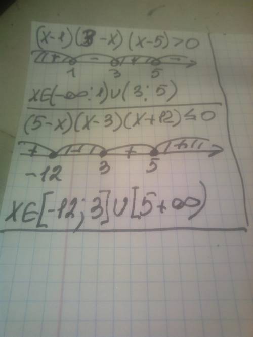 ХЕЛП 2 УРАВНЕНИЯ 1. (x-1) (3-x) (x-5)>0 2. (5-х) (х-3) (х+12) <=0 неравенства методом интервал