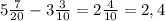 5\frac{7}{20} - 3\frac{3}{10} = 2\frac{4}{10} = 2,4