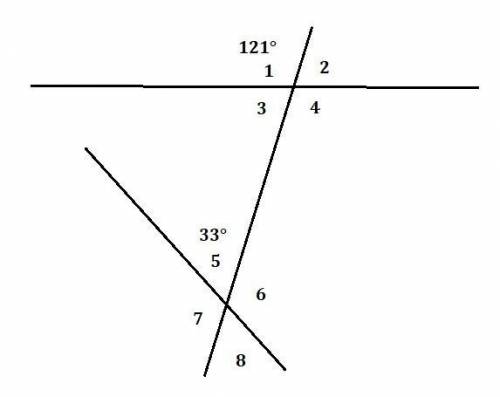 Известно, что ∢1=121°,∢5=33°. Вычисли все углы. u3.PNG ∢1= °;∢2= °;∢3= °;∢4= °;∢5= °;∢6= °;∢7= °;∢8=