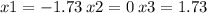 x1 = - 1.73 \: x2 = 0 \: x3 = 1.73