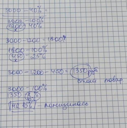 Цена товара понизилась на 40%, а затем ещё на 25%. На сколько процентов понизилась цена? Сколько теп