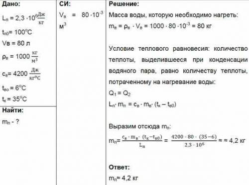 Сколько килограмм стоградусного пара потребуется для нагревания 80 л воды на 19 градусов Цельсия