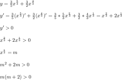 y=\frac{3}{5}x^{\frac{5}{3}}+\frac{3}{2}x^{\frac{4}{3}} \\\\y'=\frac{3}{5}(x^{\frac{5}{3}})'+\frac{3}{2}(x^{\frac{4}{3}})'=\frac{3}{5}*\frac{5}{3}x^{\frac{2}{3}}+\frac{3}{2}*\frac{4}{3}x^{\frac{1}{3}}=x^{\frac{2}{3}}+2x^{\frac{1}{3}}\\\\y'0\\\\x^{\frac{2}{3}}+2x^{\frac{1}{3}}0\\\\x^{\frac{1}{3}}=m\\\\m^{2}+2m0\\\\m(m+2)0