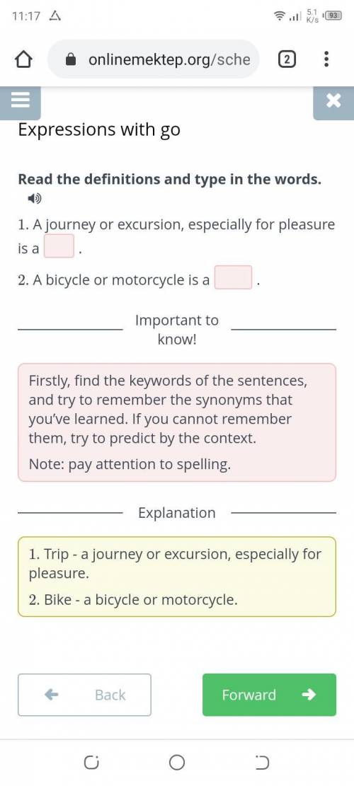 Read the definitions and type in the words.  1. A journey or excursion, especially for pleasure is a