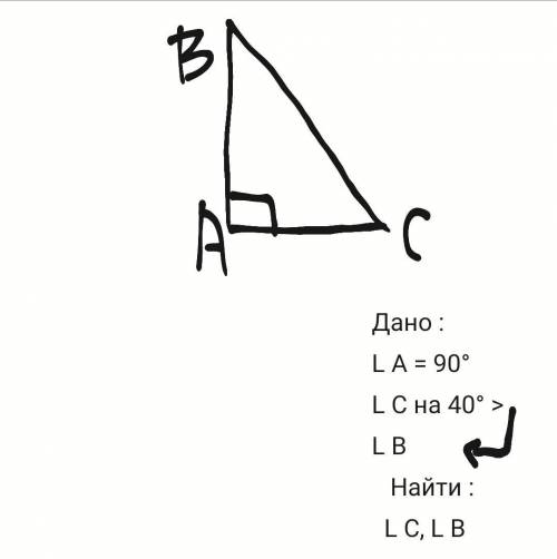 В треугольнике ABC угол A равен 90°,а уголт C на 40° больше угла B. найдите углы B и C​