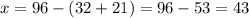 x = 96 - (32 + 21) = 96 - 53 = 43