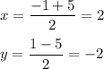 x=\dfrac{-1+5}{2}=2\\ \\ y=\dfrac{1-5}{2}=-2