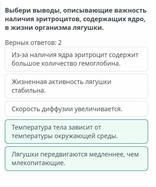 Выбери выводы, описывающие важность наличия эритроцитов, содержащих ядро, в жизни организма лягушки.