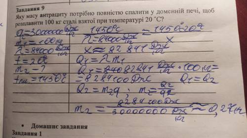 Завдання 9 Яку масу антрациту потрібно повністю спалити у доменній печі, щоб розглавити 100 кг сталі