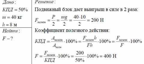 С подвижного блока, КПД которого 50%, груз массой 45 кг подняли на высоту 12 м. Определите величину