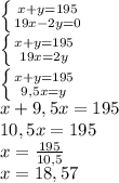 \left \{ {{x+y=195} \atop {19x-2y=0}} \right. \\\left \{ {{x+y=195} \atop {19x=2y}} \right. \\\left \{ {{x+y=195} \atop {9,5x=y}} \right. \\x+9,5x=195\\10,5x=195\\x=\frac{195}{10,5}\\x= 18,57