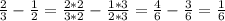 \frac{2}{3} -\frac{1}{2}= \frac{2*2}{3*2} -\frac{1*3}{2*3}=\frac{4}{6} -\frac{3}{6}=\frac{1}{6}