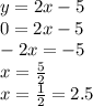 y = 2x - 5 \\0 = 2 x - 5 \\ - 2x = - 5 \\ x = \frac{5}{2} \\ x = \frac{1}{2 } = 2.5