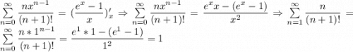 \sum\limits_{n=0}^\infty \dfrac{nx^{n-1}}{(n+1)!}=(\dfrac{e^x-1}{x})'_x \Rightarrow \sum\limits_{n=0}^\infty \dfrac{nx^{n-1}}{(n+1)!}=\dfrac{e^xx-(e^x-1)}{x^2}\Rightarrow \sum\limits_{n=1}^\infty \dfrac{n}{(n+1)!}=\sum\limits_{n=0}^\infty \dfrac{n*1^{n-1}}{(n+1)!}=\dfrac{e^1*1-(e^1-1)}{1^2}=1