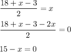 \dfrac{18 + x - 3}2=x\\\\\dfrac{18+x-3-2x}{2}=0\\\\15-x=0