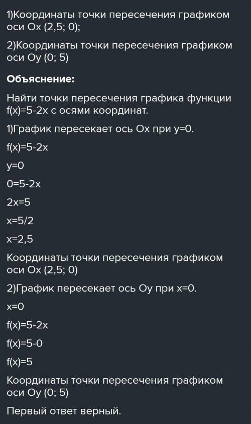 Найдите точки пересечения графика функции f(x) =5-2x с осями координат​