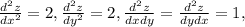 \frac{d^2z}{dx^2} = 2, \frac{d^2z}{dy^2} = 2, \frac{d^2z}{dxdy} = \frac{d^2z}{dydx} = 1,