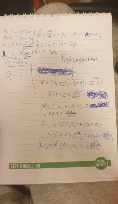 M1=0,05кг m2=0,025кг c=4200Дж/кг°C p=2,3 кДж/кг t1=0°C t2=100°C Q=?