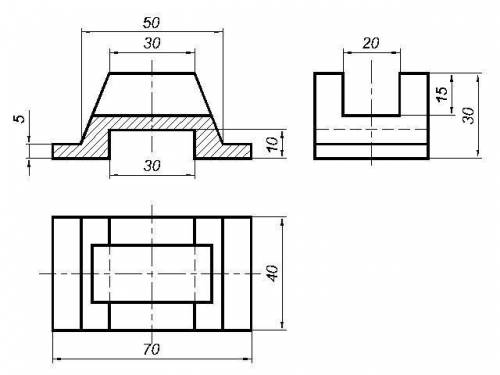 Начертить деталь в трех видах и сечение, там где проходит секущая плоскость