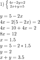 1) \left \{ {{4x-2y=2} \atop {2x+y=5}} \right. \\\\y=5-2x\\4x-2(5-2x)=2\\4x-10+4x=2\\8x=12\\x=1.5\\y=5-2*1.5\\y=2\\x+y=3.5