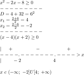 x^2 - 2x - 8 \geq 0\\---------\\D = 4+32 = 6^2\\x_1 = \frac{2 + 6}{2} = 4\\x_2 = \frac{2 - 6}{2} = -2\\---------\\(x-4)(x+2) \geq 0\\\\|\ \ \ \ + \ \ \ \ \ \ \ \ \ \ \ \ \ \ -\ \ \ \ \ \ \ \ \ \ \ \ \ \ \ \ +\\----.-------.----x\\|\ \ \ \ \ \ \ -2\ \ \ \ \ \ \ \ \ \ \ \ \ \ \ \ \ \ \ \ 4\\\\x\ c\ (-\infty;\ -2]U[4;\ +\infty)\\\\