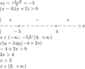 x_2 = \frac{-1-9}{2} =-5\\(x-4)(x+5)0\\\\|\ \ \ \ + \ \ \ \ \ \ \ \ \ \ \ \ \ \ -\ \ \ \ \ \ \ \ \ \ \ \ \ \ \ \ +\\----o-------o----x\\|\ \ \ \ \ \ \ -5\ \ \ \ \ \ \ \ \ \ \ \ \ \ \ \ \ \ \ \ \ \ 4\\x\ c\ (-\infty;\ -5)U(4;\ +\infty)\\c) y =log_2(-4+2x)\\-4+2x 0\\2x 4\\x 2\\x\ c\ (2; \ +\infty)\\\\