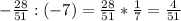 -\frac{28}{51} :(-7)=\frac{28}{51} *\frac{1}{7} =\frac{4}{51}