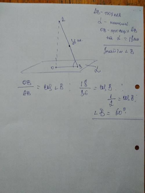 1.Знайдіть кут між похилою АВ та площиною α, якщо довжина АВ дорівнює 36см, а її проекція на площину