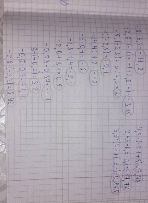 6) -8 – 3,2 -11,211,2-4,87) 12,6 : (-4)3,1531,5-3,158) -5 : (-2,5)-220,29) 1 : (-2,5)-0,40,4410) -14