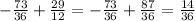 -\frac{73}{36} + \frac{29}{12} = -\frac{73}{36} + \frac{87}{36} = \frac{14}{36}