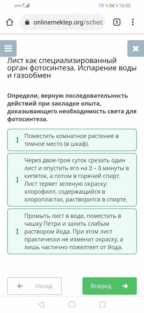 Определи, верную последовательность действий при закладке опыта, доказывающего необходимость света д