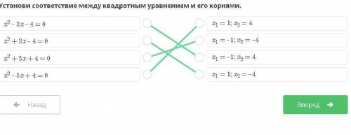 Установи соответствие между квадратным уравнением и его корнями. x2 – 3x – 4 = 0x2 + 3x – 4 = 0x2 +