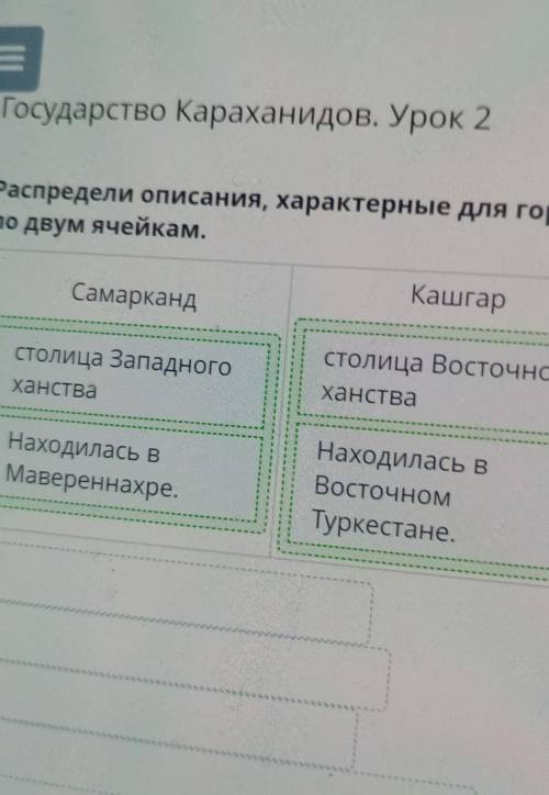 Распредели описания, характерные для городов, по двум ячейкам. СамаркандКашгарсстолица Восточного ха