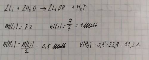 Вычислите объём водорода в литрах который образуется при взаимодействии воды с 7 г лития.​