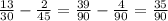 \frac{13}{30} - \frac{2}{45} = \frac{39}{90} - \frac{4}{90} = \frac{35}{90}