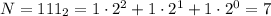 N=111_2=1\cdot2^2+1\cdot2^1+1\cdot2^0=7