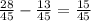 \frac{28}{45} - \frac{13}{45} = \frac{15}{45}