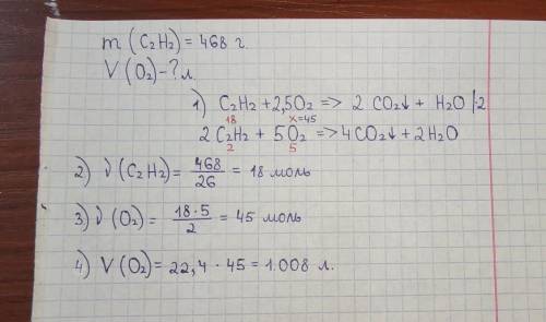 Какой объем кислорода понадобится для сжигания 468 г ацетилена (c2h2), если известно, что при его сг