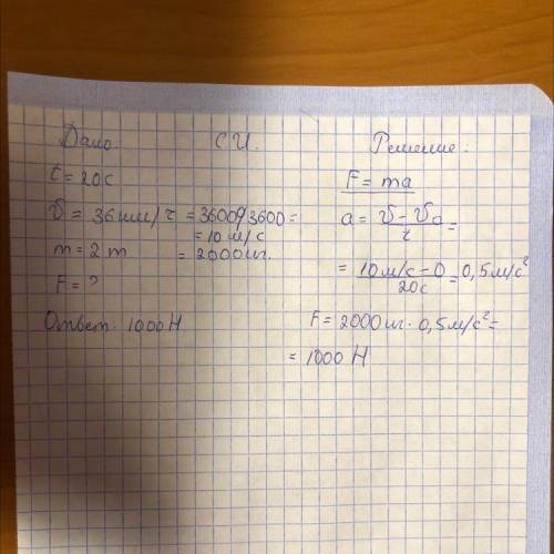 Автомобиль за 20с развивает скорость 36 км/ч. Найдите силу, сообщающую ускорение, если масса автомоб