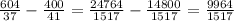 \frac{604}{37} - \frac{400}{41} = \frac{24764}{1517} - \frac{14800}{1517} = \frac{9964}{1517}