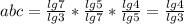 abc=\frac{lg7}{lg3}*\frac{lg5}{lg7}* \frac{lg4}{lg5}=\frac{lg4}{lg3}