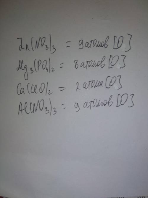 Укажіть число атомів оксигену в речовинах формулою яких: Zn(NO3)3- , Mg3(PO4)2- ,Ca(CIO)2- ,Al(NO3)3